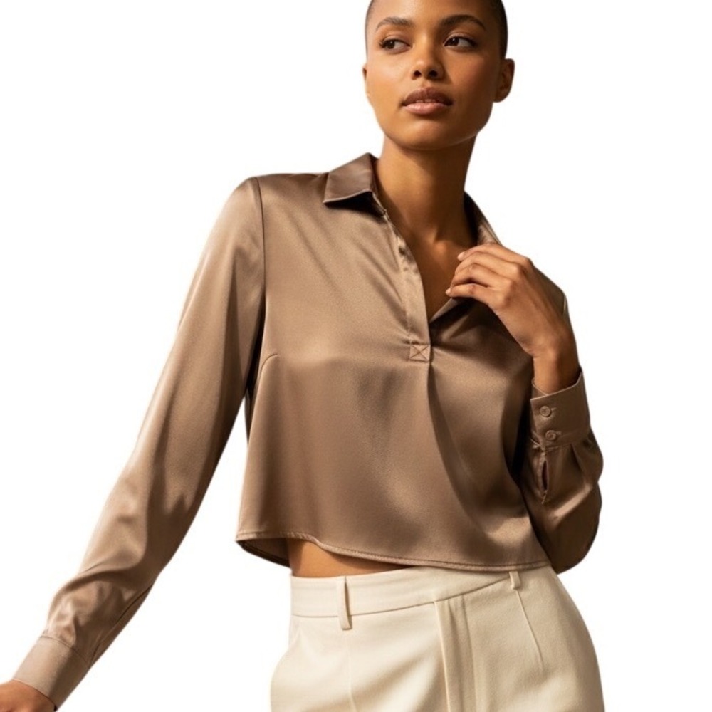 Pleione Collared Long Sleeve Top Blouse Bronze Brown Classic‎